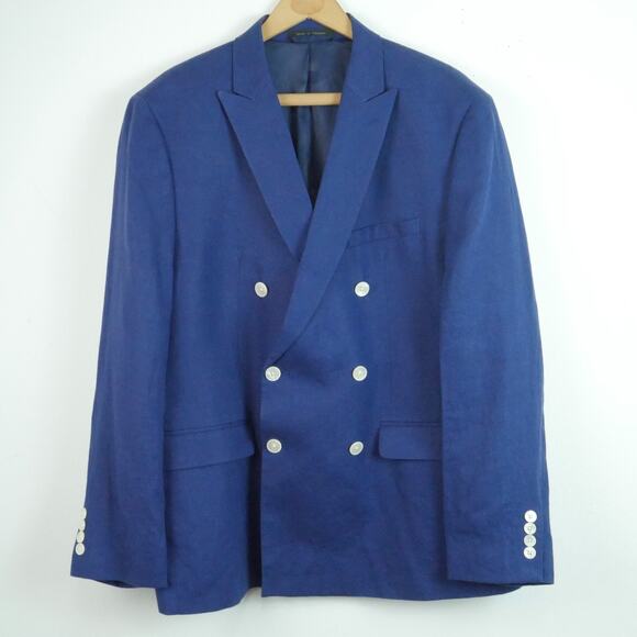 Lauren Ralph Lauren Double Breasted 100% Linen Blazer 44R Blue Jacket Sport Coat